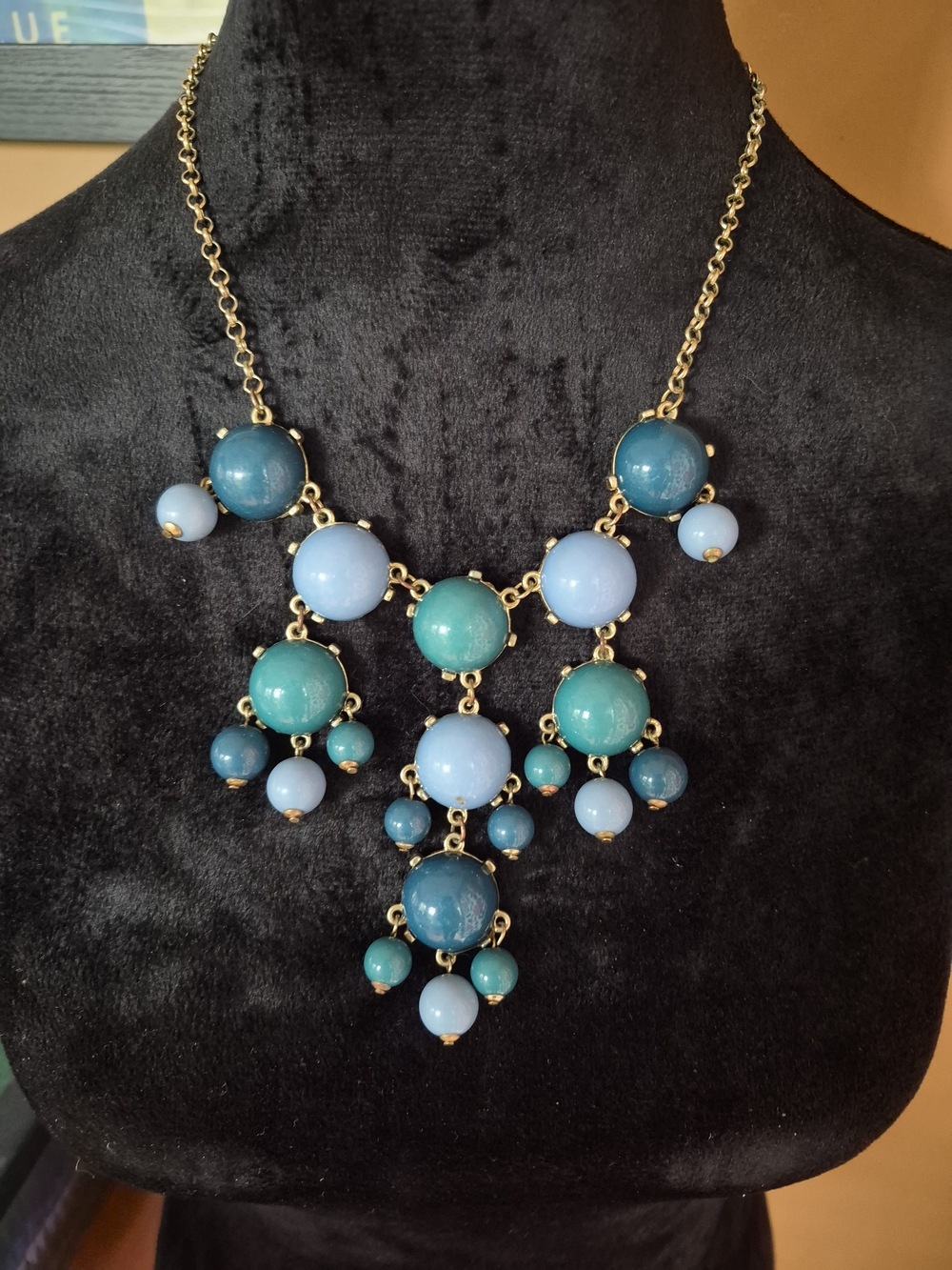 Gold Chain Blue and Teal Statement Bib Necklace